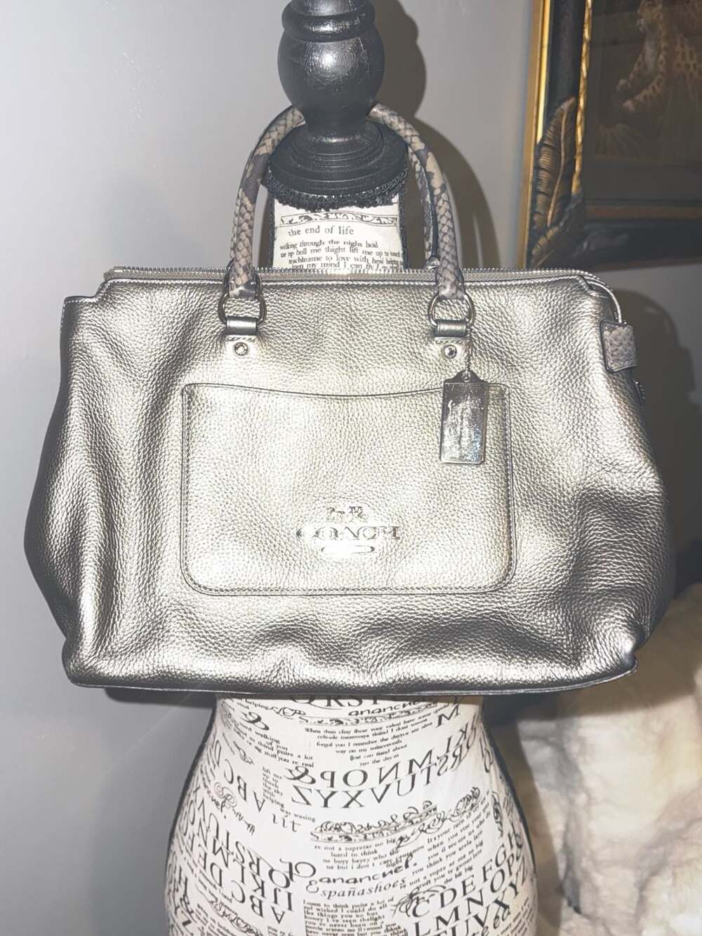 Coach Emma Satchel in Metallic Leather with Python Print Trim Plastic is Still O